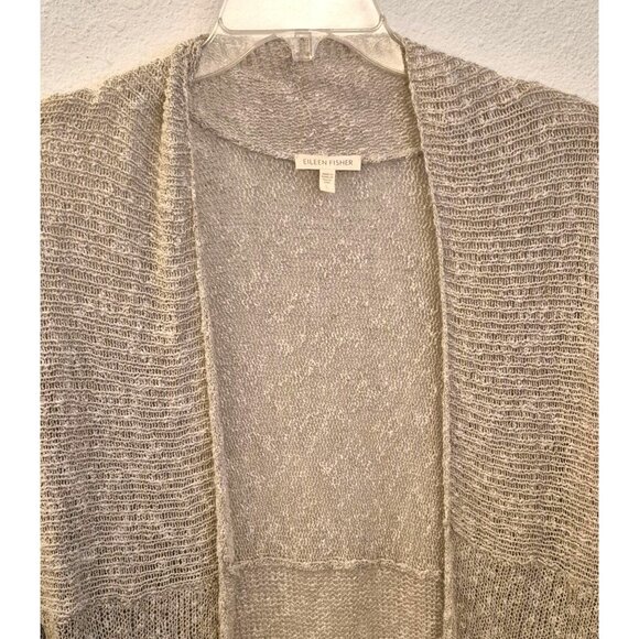 Eileen Fisher Tan Linen/Cotton Blend 3/4th Sleeve Open Front Cardigan Size L Euc - Picture 3 of 8
